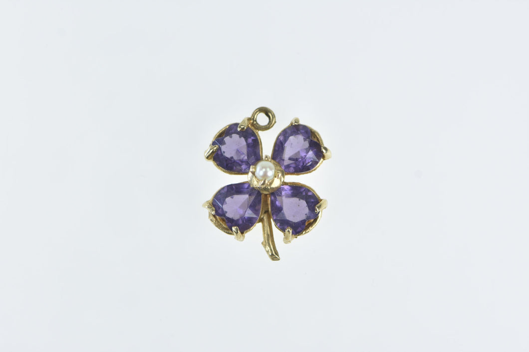 14K Heart Amethyst Pearl Clover Good Luck Charm/Pendant Yellow Gold