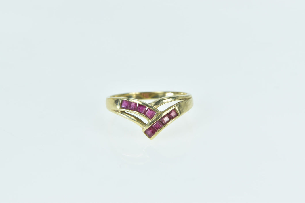 14K Princess Ruby Vintage Chevron Band Ring Yellow Gold
