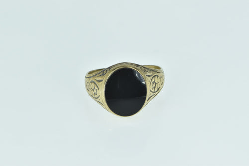 9K Victorian Black Onyx Scroll Men's Ring Yellow Gold