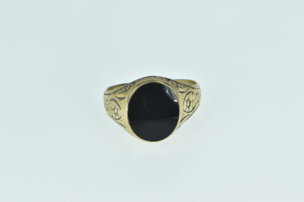 9K Victorian Black Onyx Scroll Men's Ring Yellow Gold