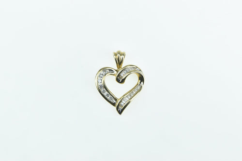 14K Curvy Baguette & Round Diamond Heart Pendant Yellow Gold
