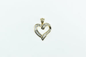 14K Curvy Baguette & Round Diamond Heart Pendant Yellow Gold