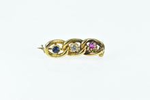 Load image into Gallery viewer, 14K Victorian Ruby Diamond Sapphire Chain Bar Pin/Brooch Yellow Gold