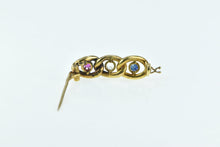 Load image into Gallery viewer, 14K Victorian Ruby Diamond Sapphire Chain Bar Pin/Brooch Yellow Gold