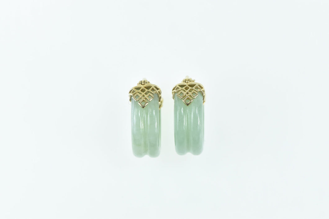 14K 17.4mm Carved Jadeite Statement Hoop Earrings Yellow Gold