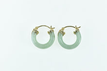 Load image into Gallery viewer, 14K 17.4mm Carved Jadeite Statement Hoop Earrings Yellow Gold