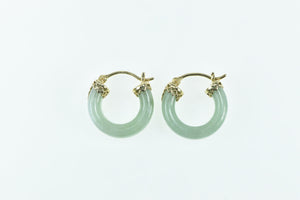 14K 17.4mm Carved Jadeite Statement Hoop Earrings Yellow Gold