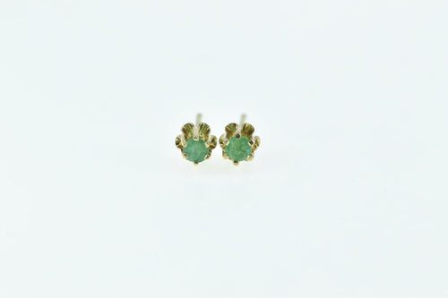 14K Vintage Round Emerald Solitaire Stud Earrings Yellow Gold