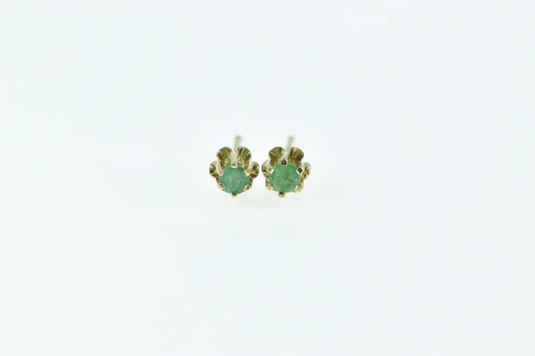 14K Vintage Round Emerald Solitaire Stud Earrings Yellow Gold