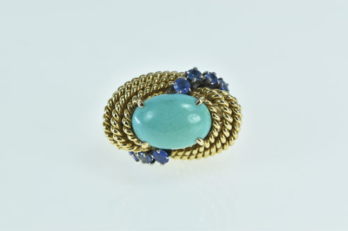 14K Turquoise Sapphire Rope Knot Cocktail Ring Yellow Gold