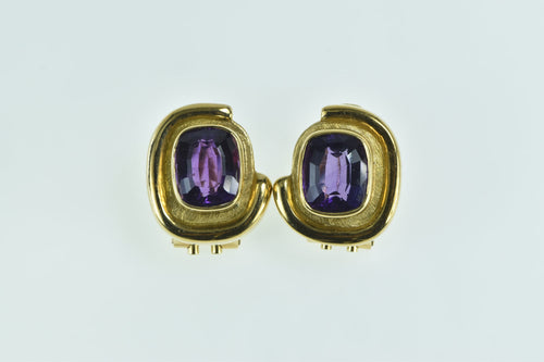18K Emerald Cut Amethyst Ornate French Clip Earrings Yellow Gold