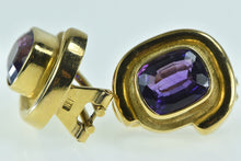 Load image into Gallery viewer, 18K Emerald Cut Amethyst Ornate French Clip Earrings Yellow Gold