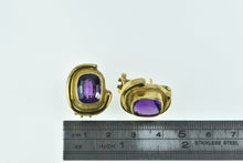 Load image into Gallery viewer, 18K Emerald Cut Amethyst Ornate French Clip Earrings Yellow Gold