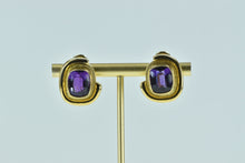 Load image into Gallery viewer, 18K Emerald Cut Amethyst Ornate French Clip Earrings Yellow Gold