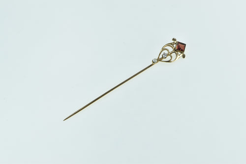 14K Victorian Garnet Diamond Seed Pearl Ornate Stick Pin Yellow Gold