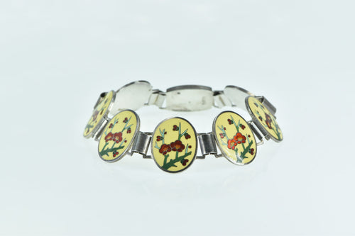 Sterling Silver Vintage Oval Enamel Floral Poppy Flower Bracelet 7.5