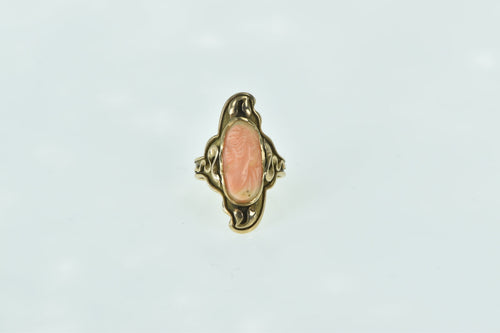 14K Art Nouveau Carved Coral Ornate Cameo Ring Yellow Gold
