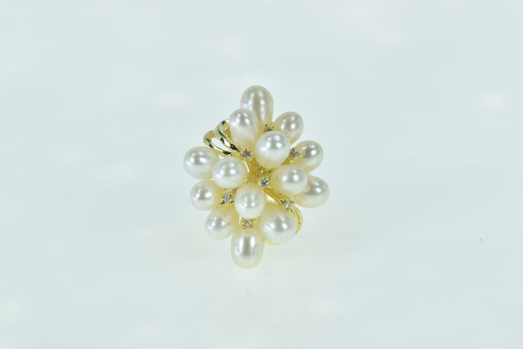 14K Vintage Pearl Diamond Swirl Cocktail Ring Yellow Gold