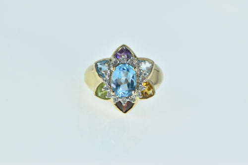 14K Oval Blue Topaz Diamond Gemstone Flower Ring Yellow Gold