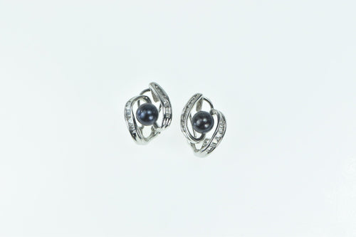 14K Baguette Diamond Dark Blue Pearl Statement Earrings White Gold