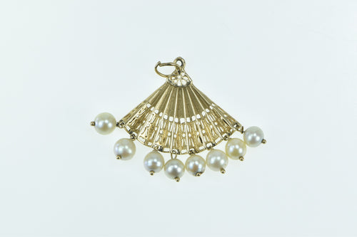 14K Ornate Pearl Fringe Tassel Hand Fan Filigree Charm/Pendant Yellow Gold