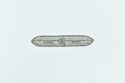 14K Art Deco Diamond Filigree Ornate Bar Pendant/Pin White Gold
