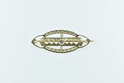 14K Victorian Filigree Ornate Seed Pearl Oval Pin/Brooch Yellow Gold
