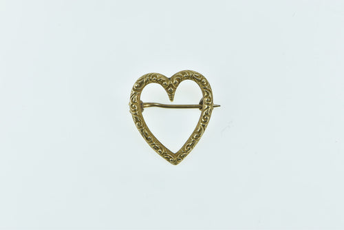 14K Victorian Ornate Heart Love Valentine Scroll Pin/Brooch Yellow Gold