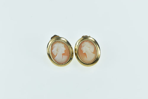 14K Oval Carved Shell Cameo Vintage Stud Earrings Yellow Gold