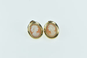 14K Oval Carved Shell Cameo Vintage Stud Earrings Yellow Gold
