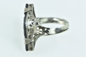 14K Art Deco Black Onyx Diamond Filigree Ring White Gold