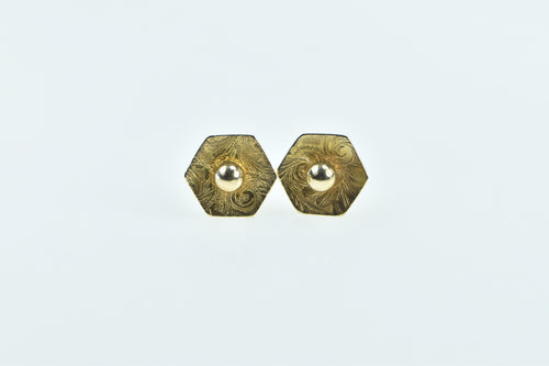 14K Swirl Pattern Hexagon Dot Geometric Stud Earrings Yellow Gold