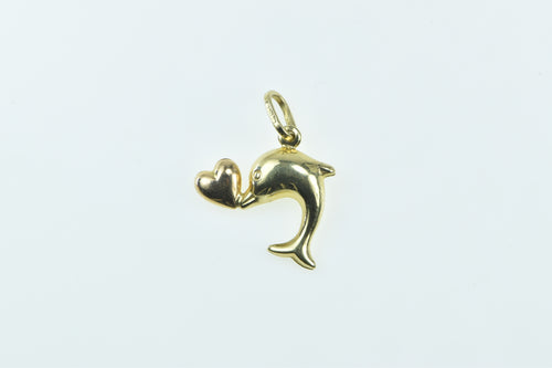 14K Puffy Jumping Dolphin Heart Valentine Charm/Pendant Yellow Gold