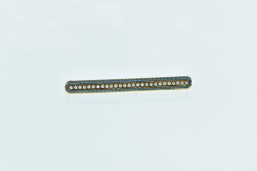 14K Vintage Enamel Seed Pearl Ornate Bar Pin/Brooch Yellow Gold