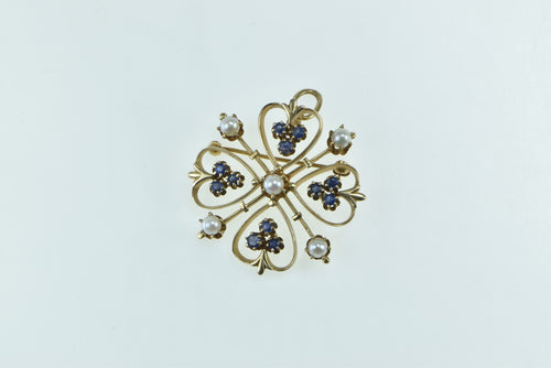 14K Victorian Sapphire Pearl Heart Clover Pin/Brooch Yellow Gold