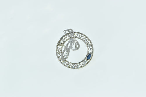 10K Art Deco Filigree Bow Wreath Syn. Sapphire Pin/Brooch White Gold