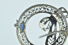 Load image into Gallery viewer, 10K Art Deco Filigree Bow Wreath Syn. Sapphire Pin/Brooch White Gold