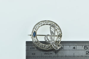 10K Art Deco Filigree Bow Wreath Syn. Sapphire Pin/Brooch White Gold
