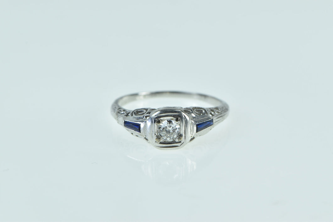 14K 0.20 Ct Diamond Sapphire Art Deco Engagement Ring White Gold