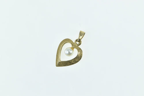 14K Pearl Inset Vintage Heart Classic Love Symbol Pendant Yellow Gold
