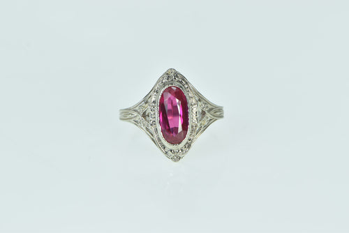 10K Art Deco Syn. Ruby Ornate Engagement Ring White Gold