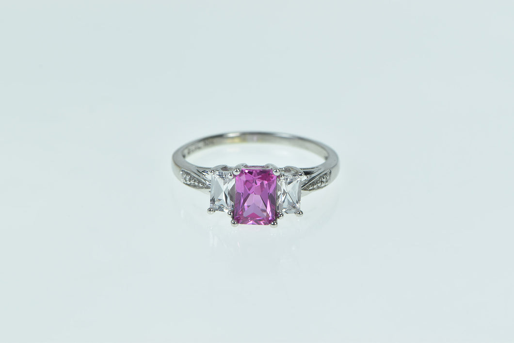 10K Emerald Cut Syn. Pink Sapphire CZ Diamond Ring White Gold