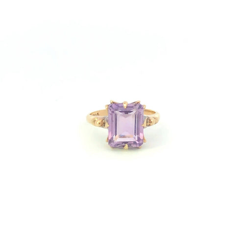 10K 1940's Emerald Cut Amethyst Ornate Vintage Ring Yellow Gold