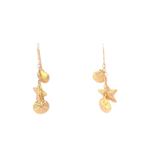 14K Sea Shell Star Fish Scallop Dangle Fringe Earrings Yellow Gold