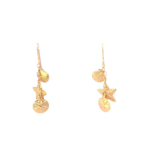 14K Sea Shell Star Fish Scallop Dangle Fringe Earrings Yellow Gold