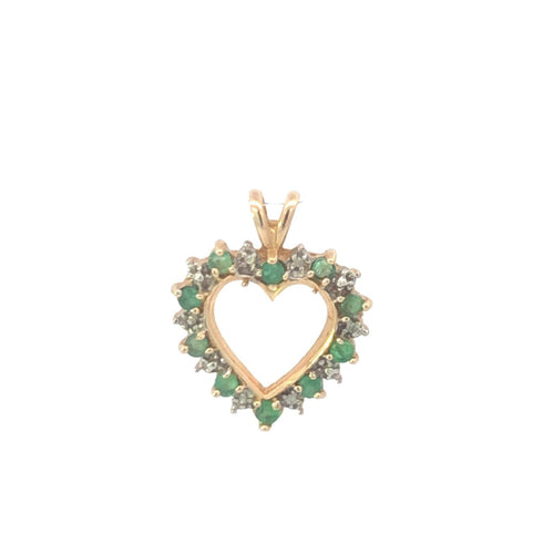 10K Emerald Diamond Heart Vintage Love Pendant Yellow Gold
