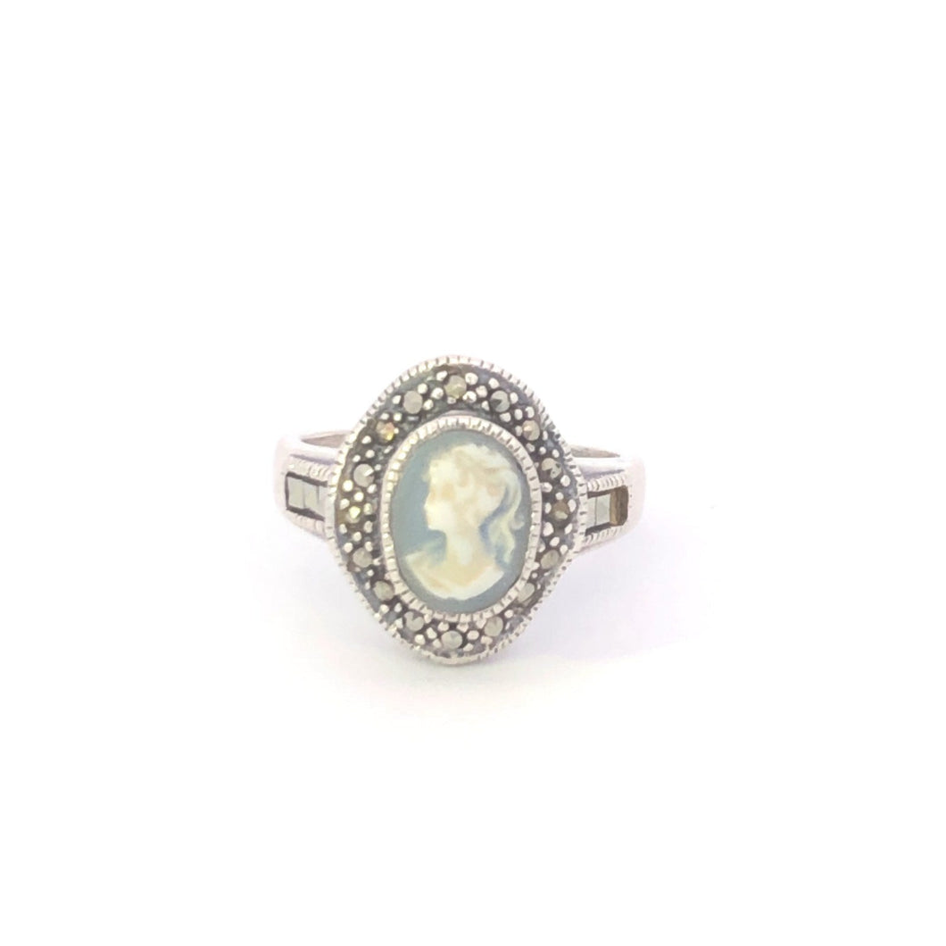Sterling Silver Blue Cameo Marcasite Vintage Statement Ring