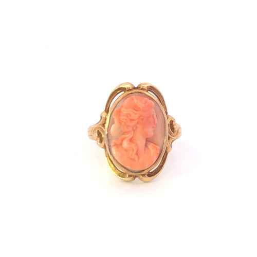 14K Art Nouveau Ornate Coral Cameo Statement Ring Yellow Gold