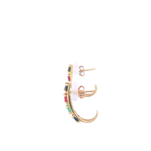 10K Sapphire Ruby Emerald Inset Curve Bar Earrings Yellow Gold