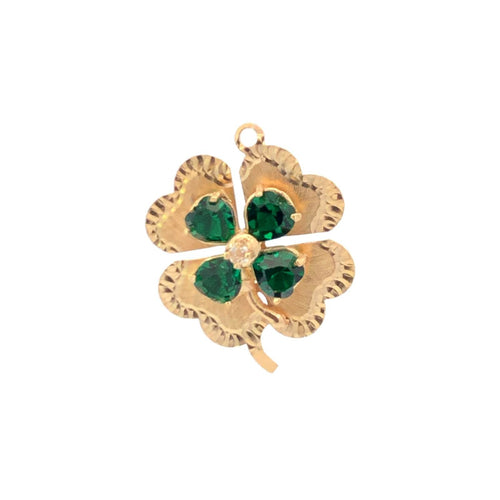 14K 1960's 4 Leaf Clover Sim. Emerald Diamond Charm/Pendant Yellow Gold
